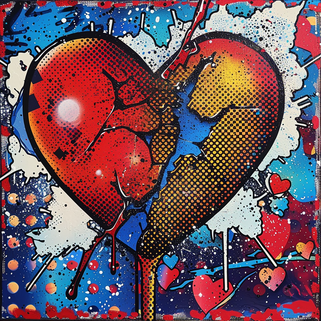 Avatar image featuring a stylized, cracked heart in red and yellow against a vivid blue background with paint splatters, evoking a sense of heartbreak.