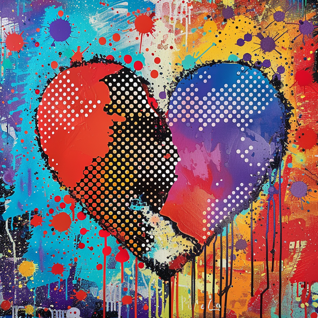 A colorful, graffiti-style avatar featuring a broken heart against a vibrant abstract background.