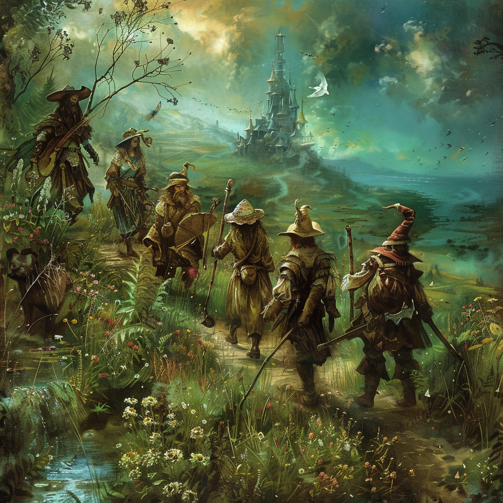 Fantasy avatar depicting wizards on an adventurous trail, marching towards a mystical tower under a stormy sky.