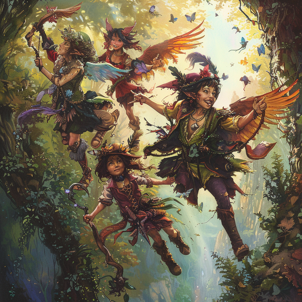 A vibrant avatar image of a group of joyful fairies with colorful wings on an enchanted forest adventure, surrounded by lush foliage and fluttering butterflies.