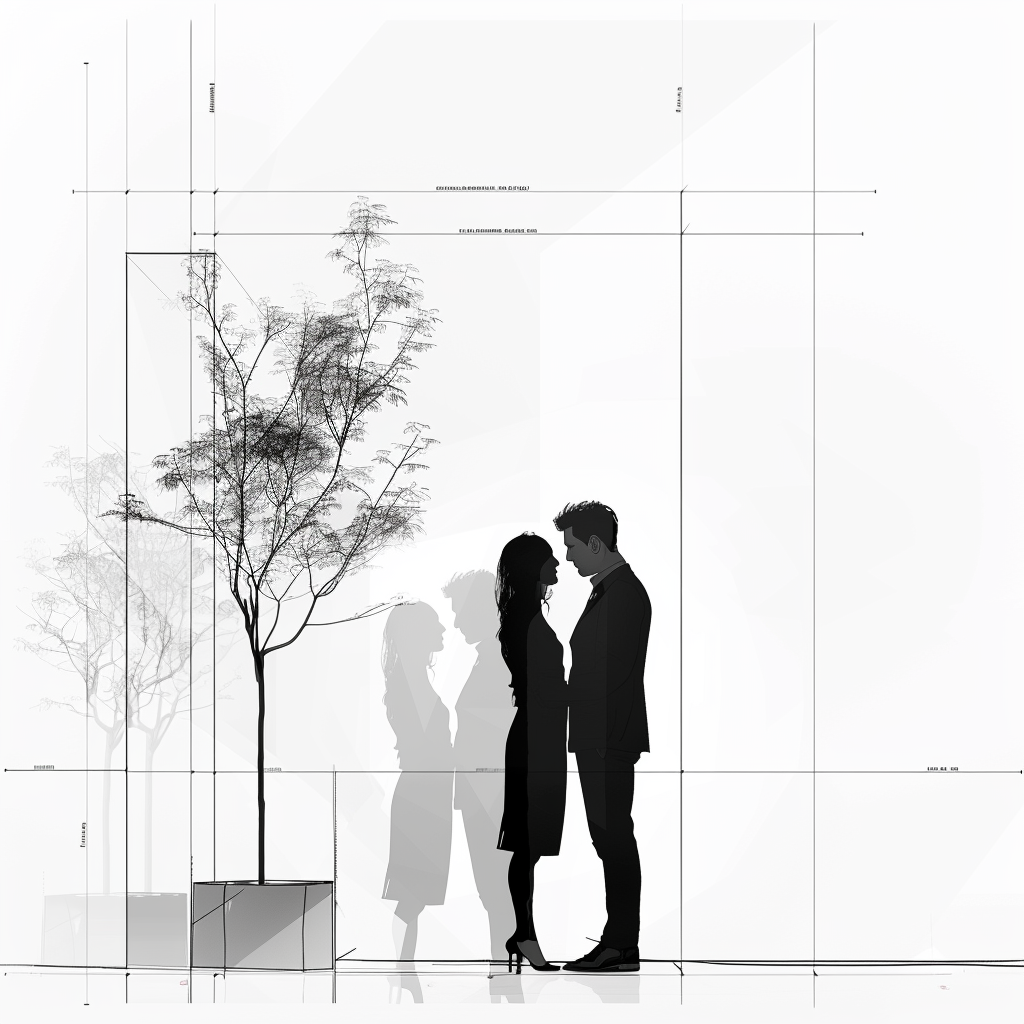 A stylized avatar featuring the silhouette of a couple, possibly during a romantic moment or proposal, standing close together with a tree and architectural lines in the background.