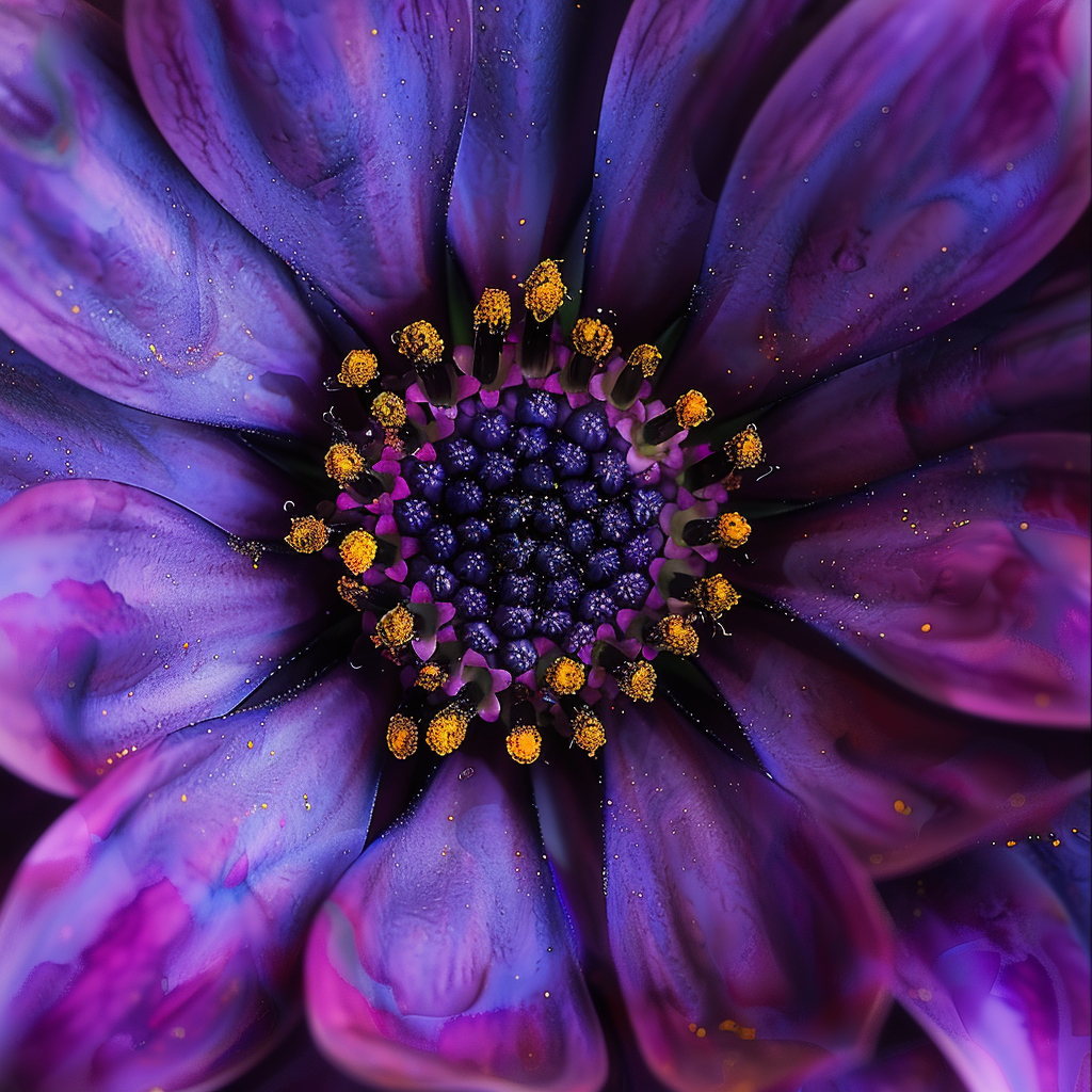 Avatar image of a close-up view of a blooming flower with vibrant purple petals and a dark blue center with yellow pollen.