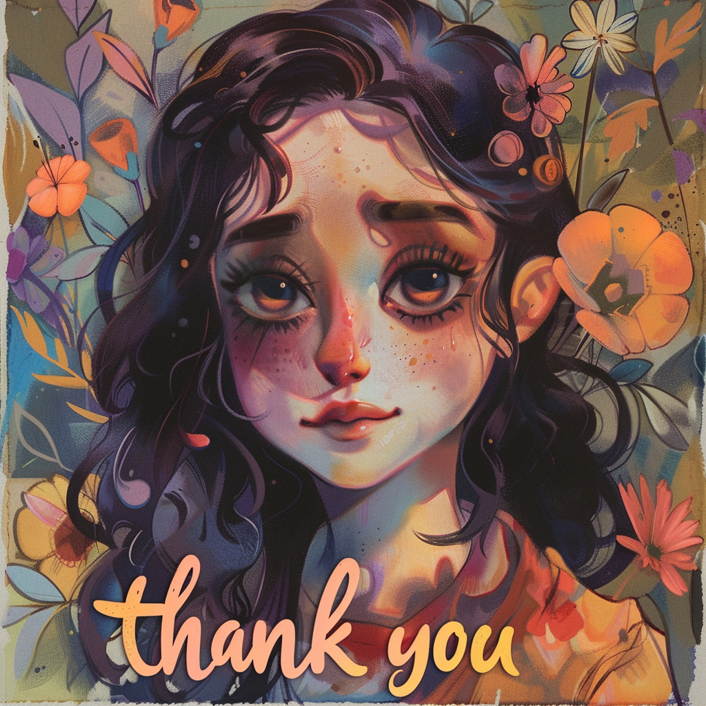 Avatar of an illustrated character with deep, expressive eyes surrounded by colorful flowers, featuring the text thank you at the bottom.