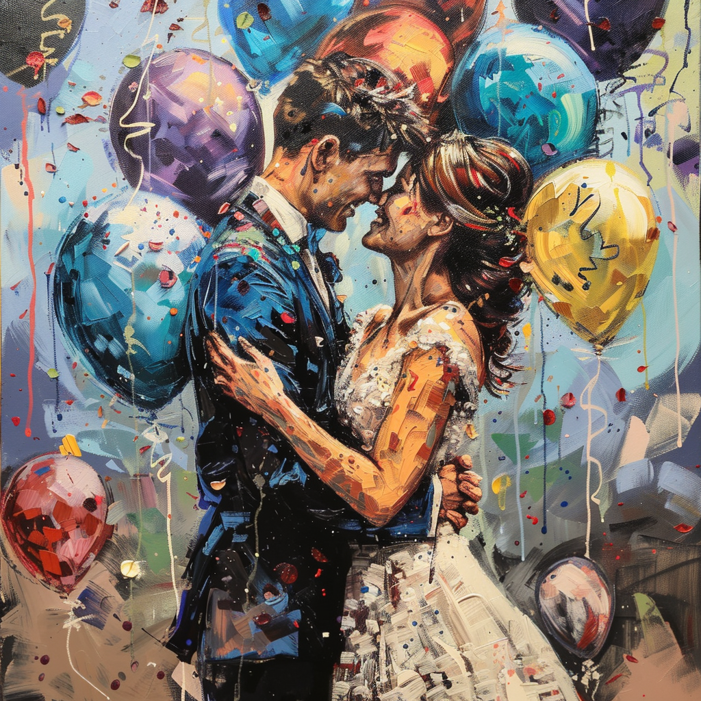 An avatar image featuring a romantic painting of a couple embracing and kissing surrounded by colorful balloons, with a festive Happy Anniversary vibe, suggesting a celebration of love, possibly a wedding or anniversary.