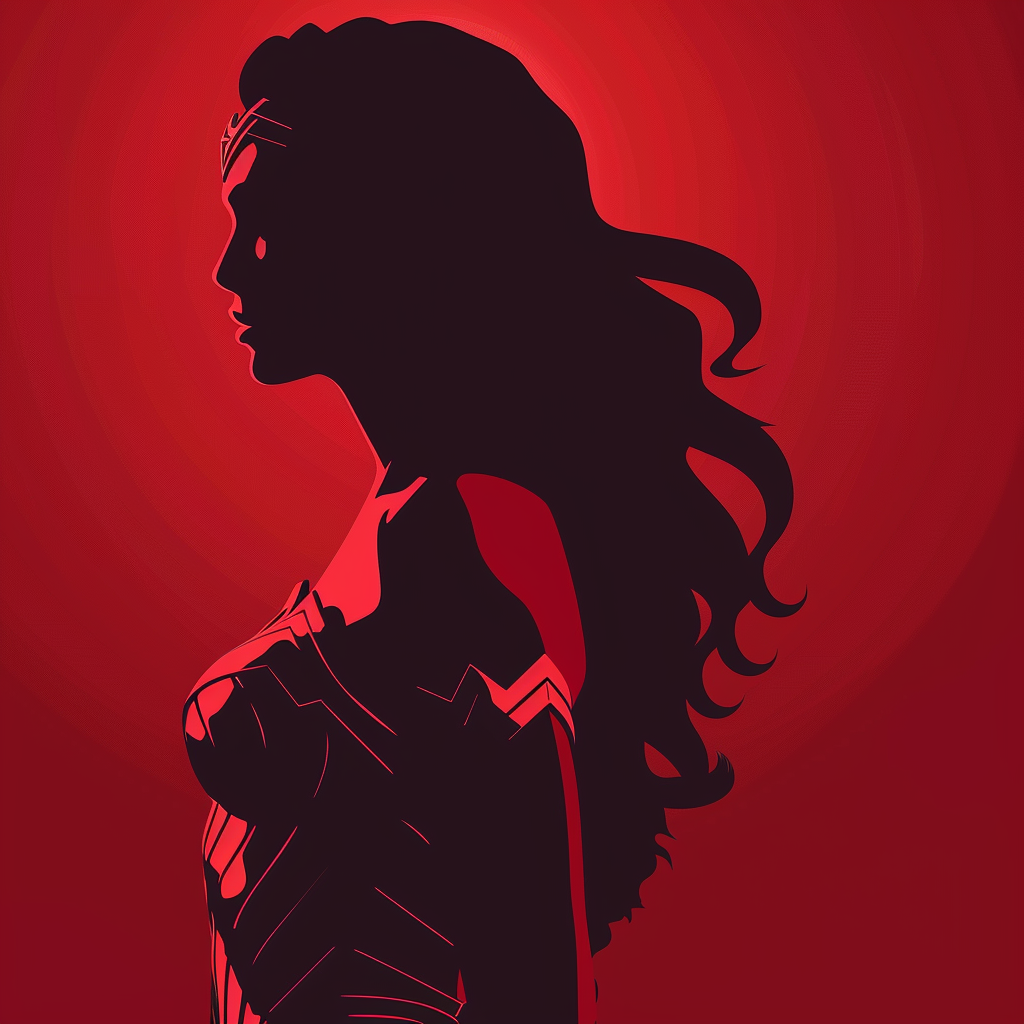 A striking silhouette of Wonder Woman with flowing hair against a bold red background, designed as a forum avatar/profile photo.