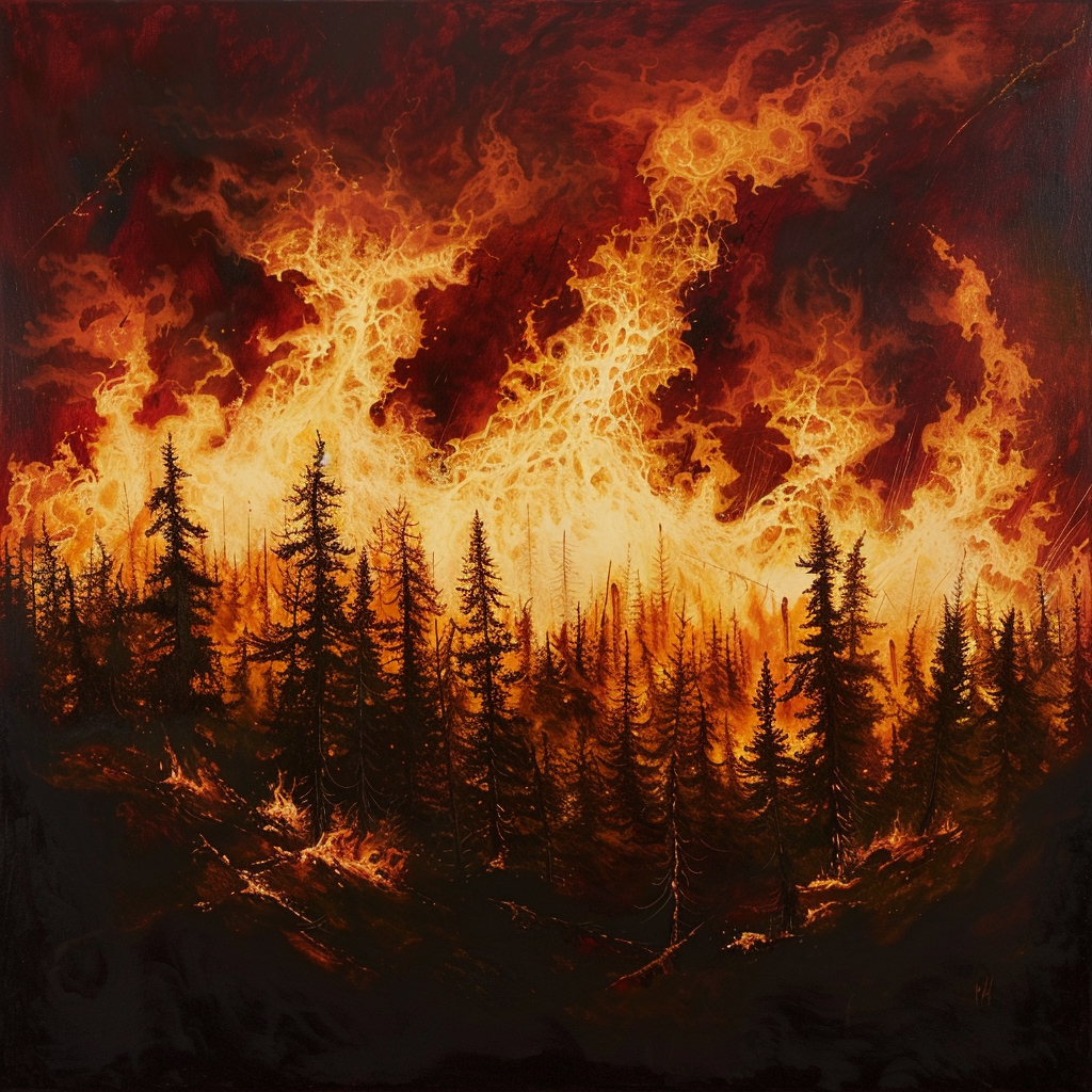 Avatar of a wildfire consuming a forest, with towering flames enveloping the trees under a dark, smoky sky.