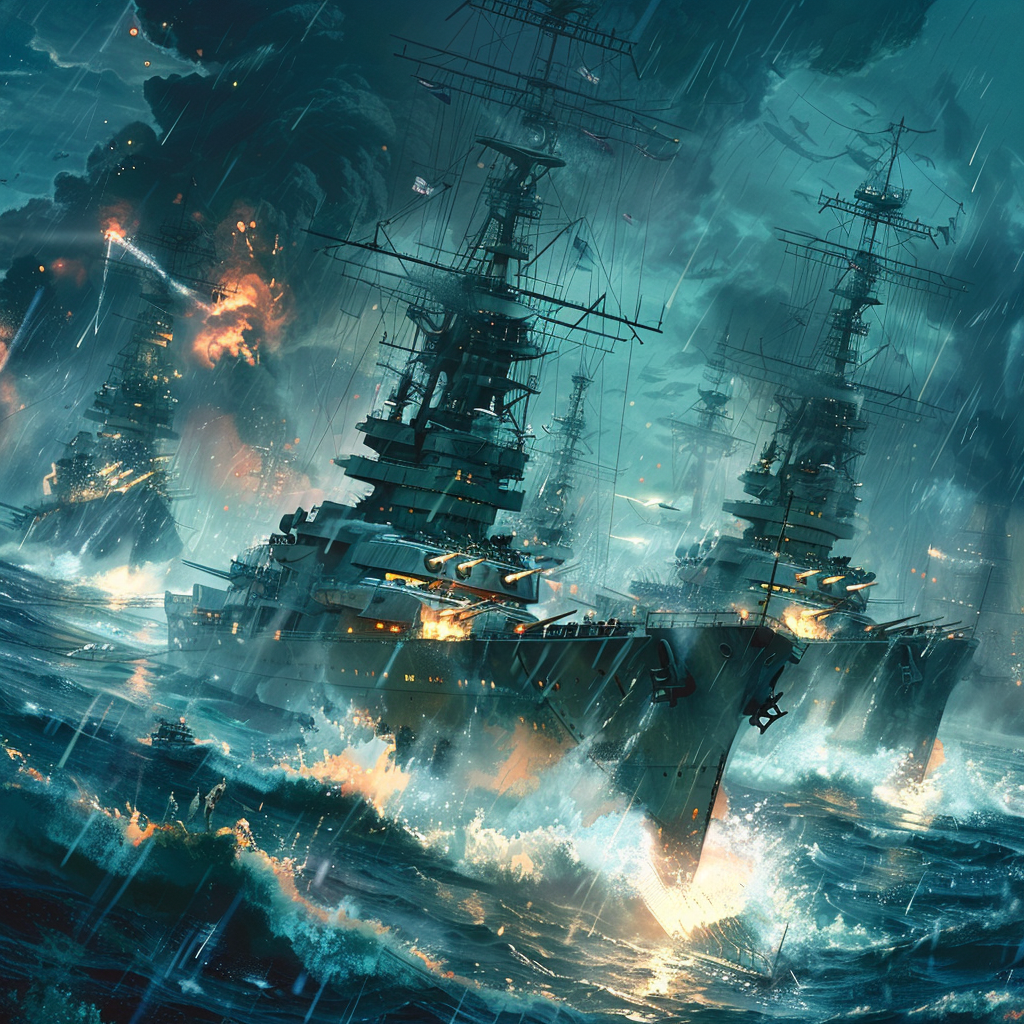 Avatar of intense naval battle featuring multiple battleships engaged in combat on a tumultuous ocean.