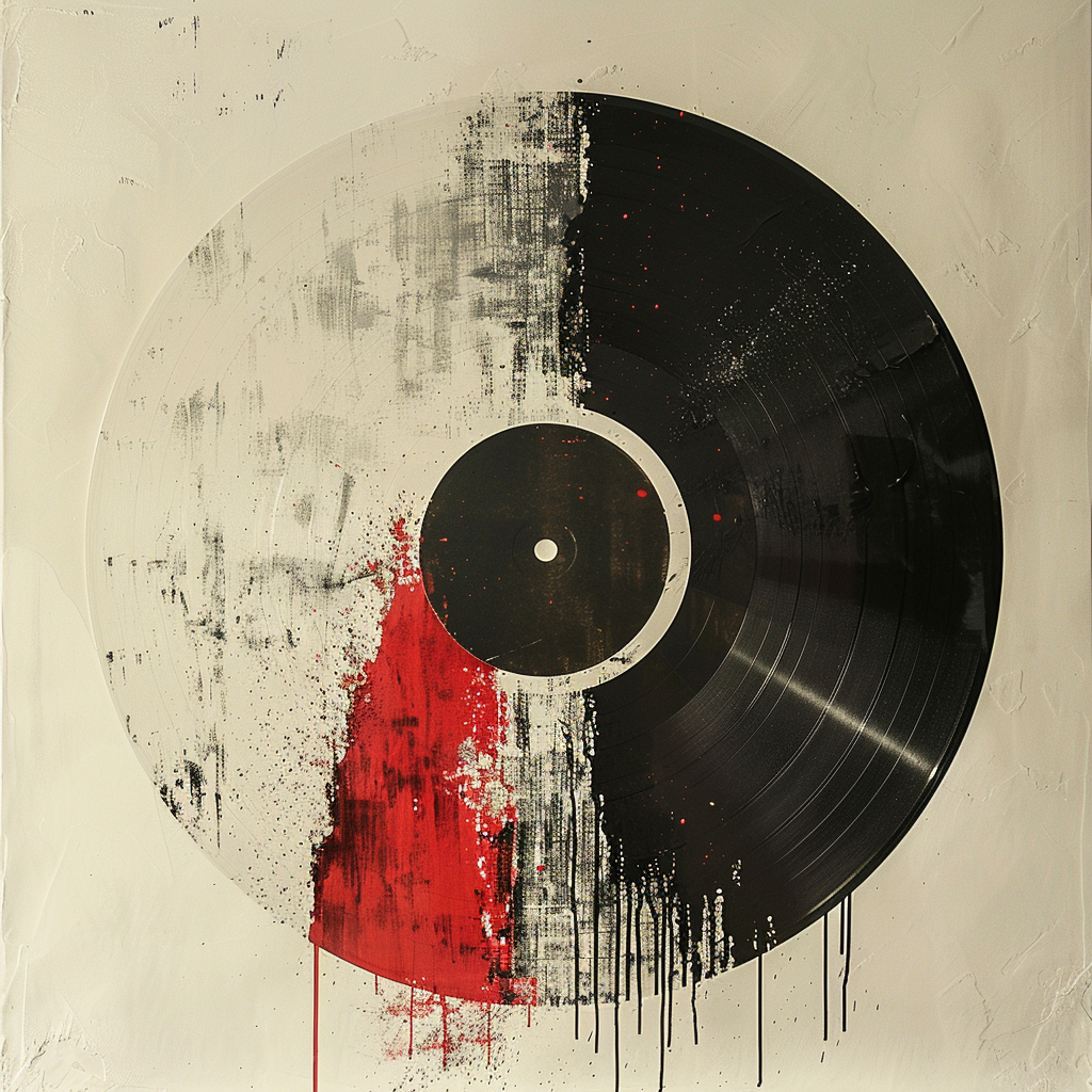 Profile photo of a stylized vinyl record with artistic splashes of black, white, and red paint.