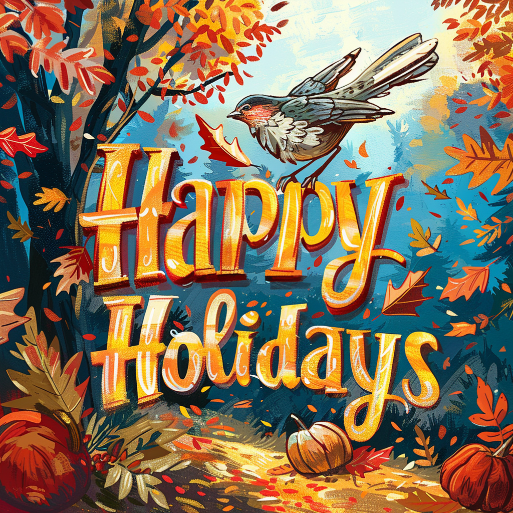 Profile photo featuring the phrase Happy Holidays with a bird flying above autumn leaves and pumpkins.