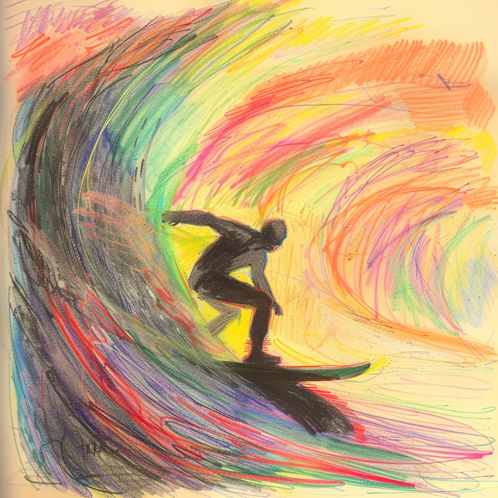 A vibrant profile photo of a surfer riding a wave, depicted in a dynamic, multicolored brushstroke style.