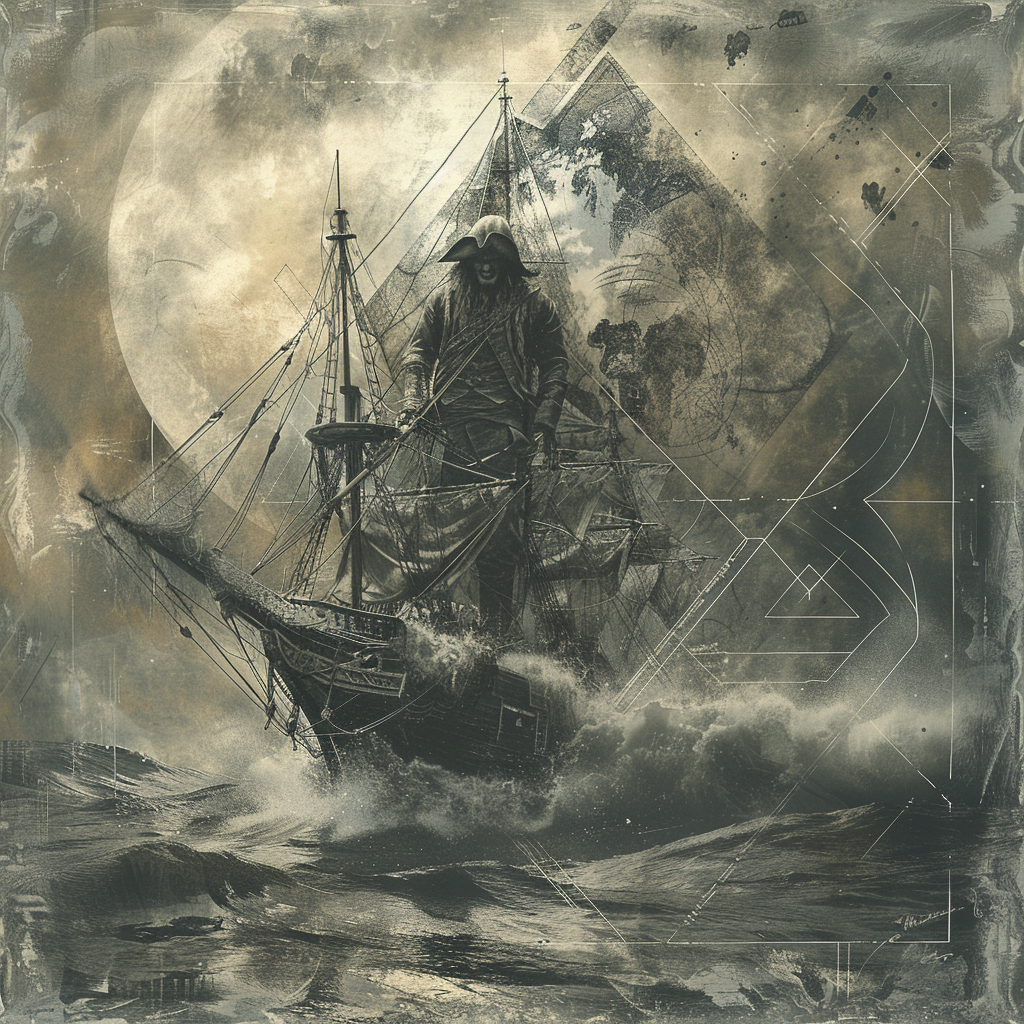 A striking pirate ship sails through turbulent waters, featuring a lone pirate on deck against a dramatic, moonlit backdrop. This captivating image serves as a bold forum avatar.