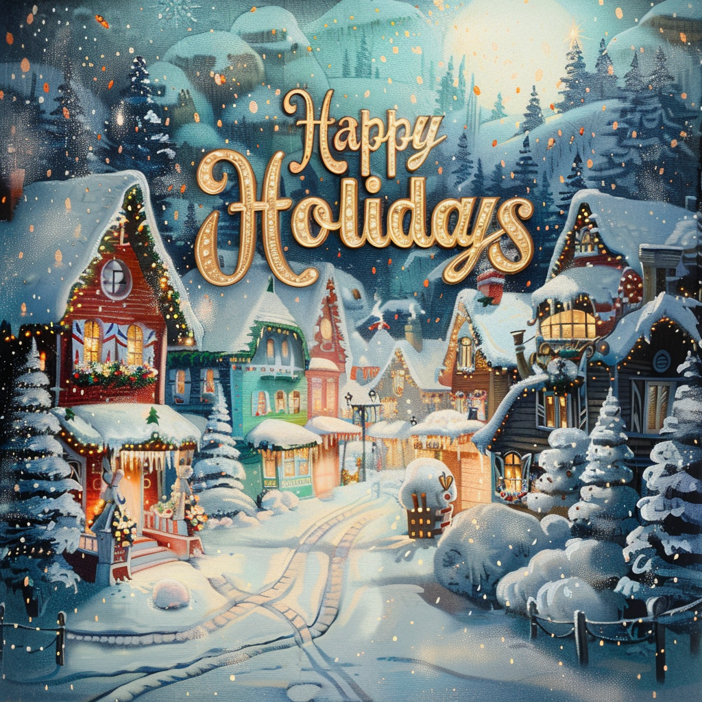 Happy Holidays message above a snowy winter village scene, used as a festive forum avatar or profile photo.