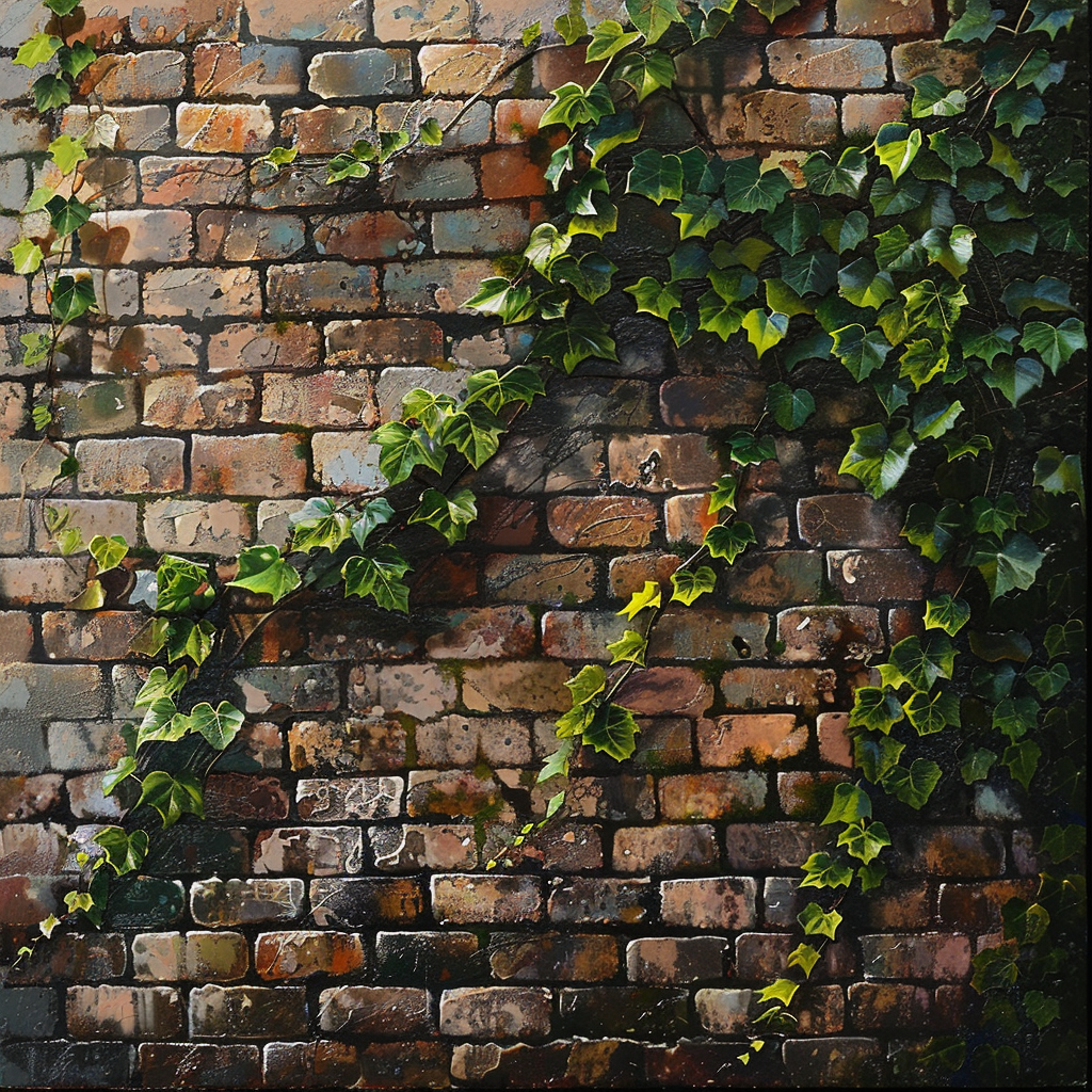 Profile photo of a worn brick wall partially covered with climbing ivy, showcasing vibrant textures and natural elements.