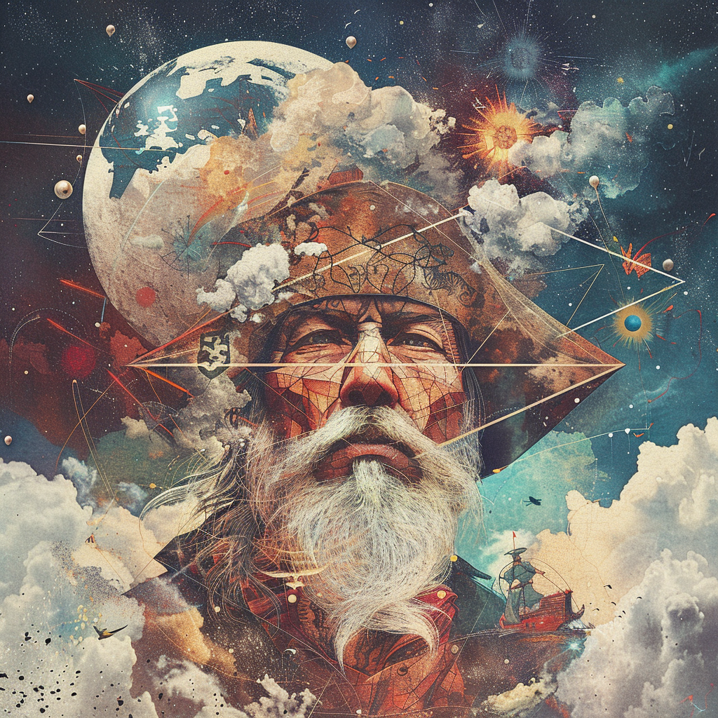 A fantastical profile picture of an old sailor with a long beard, wearing a pirate hat, surrounded by cosmic elements and clouds, embodying a spirit of adventure in a vibrant, dreamlike scene.