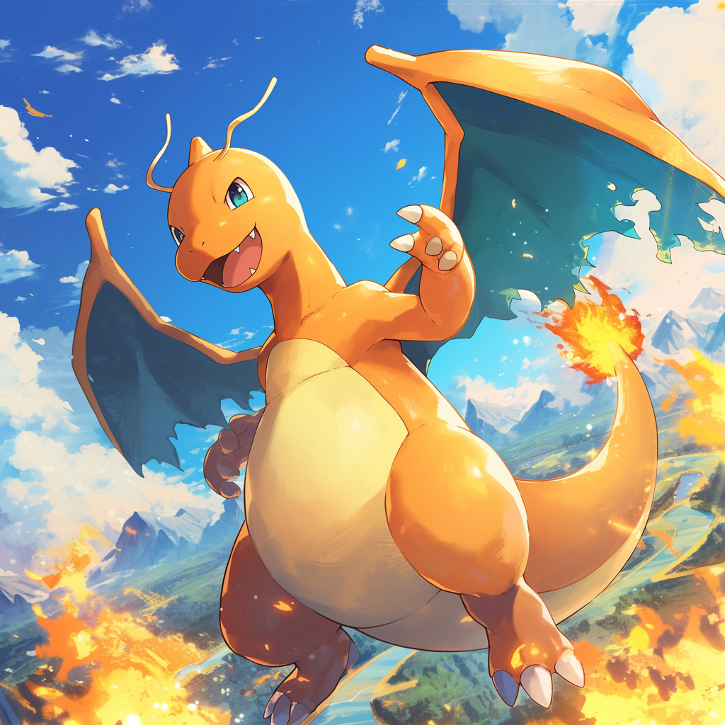 Avatar of Dragonite from Pokémon, soaring with outstretched wings against a vibrant, fiery sky.