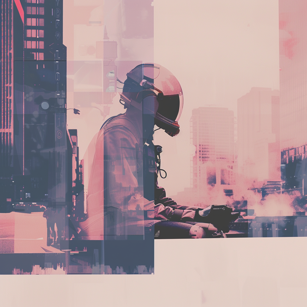 Profile photo of an astronaut in a helmet with a pink and purple cityscape background, designed in a modern aesthetic style.