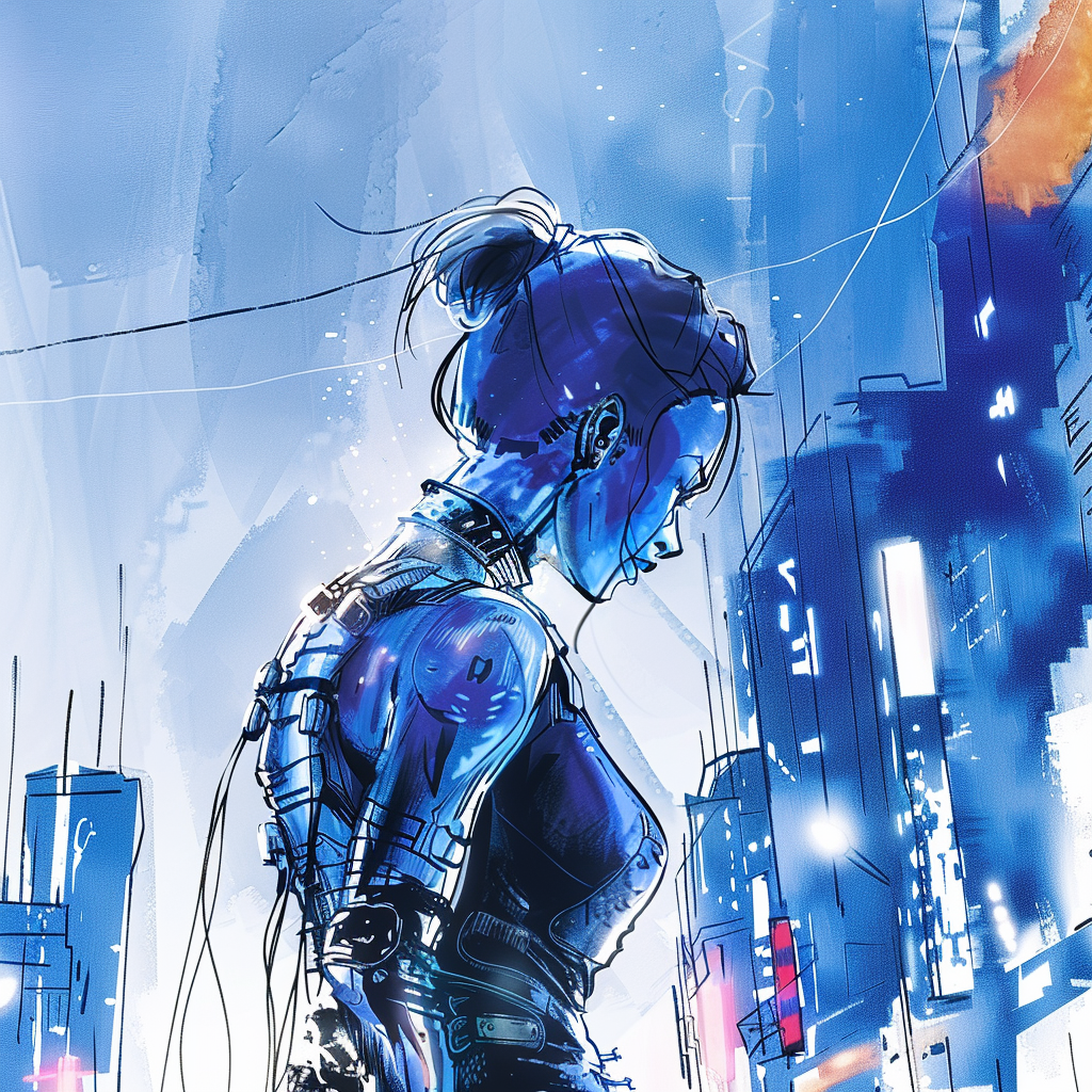 Artistic cyberpunk profile photo depicting a character with futuristic armor looking over a neon-lit cityscape.