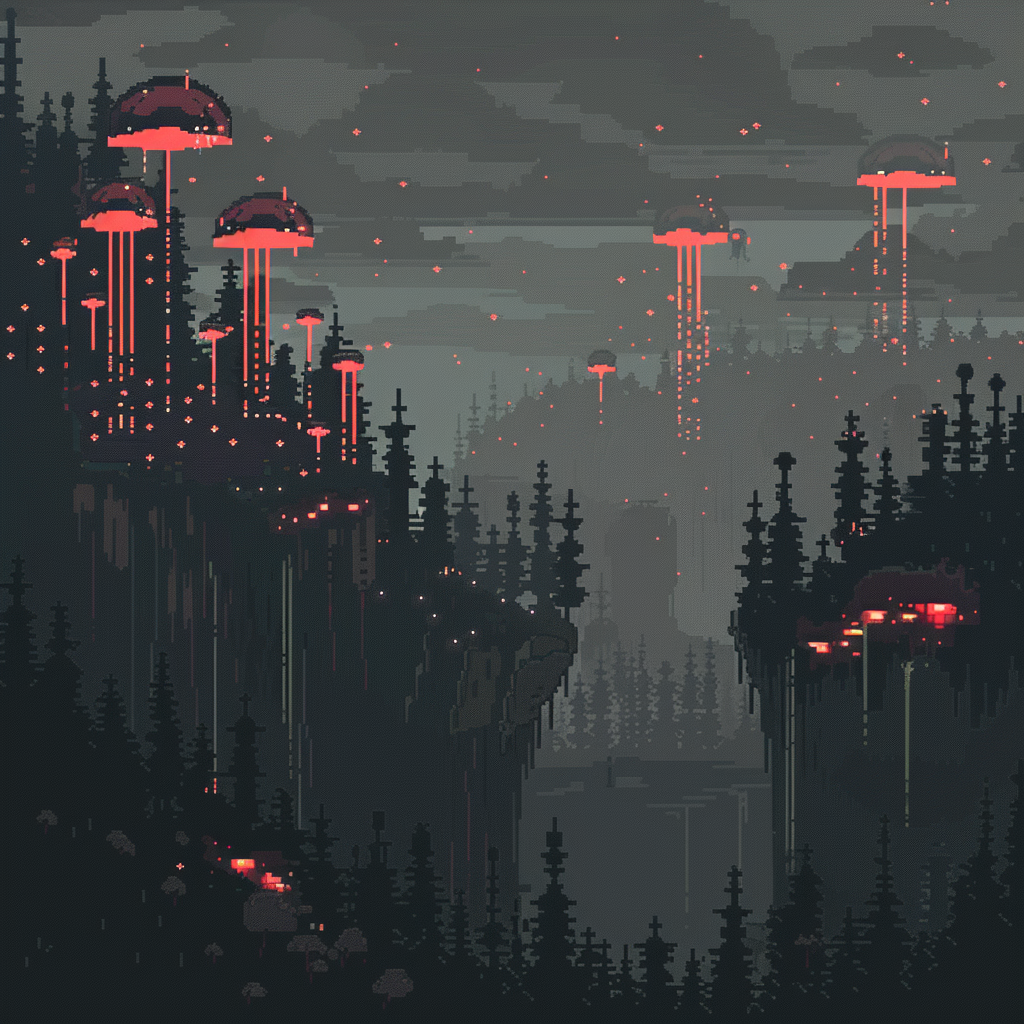 Pixel art avatar featuring a mystical forest landscape with towering trees and glowing, futuristic mushroom-like structures under a dusk sky.