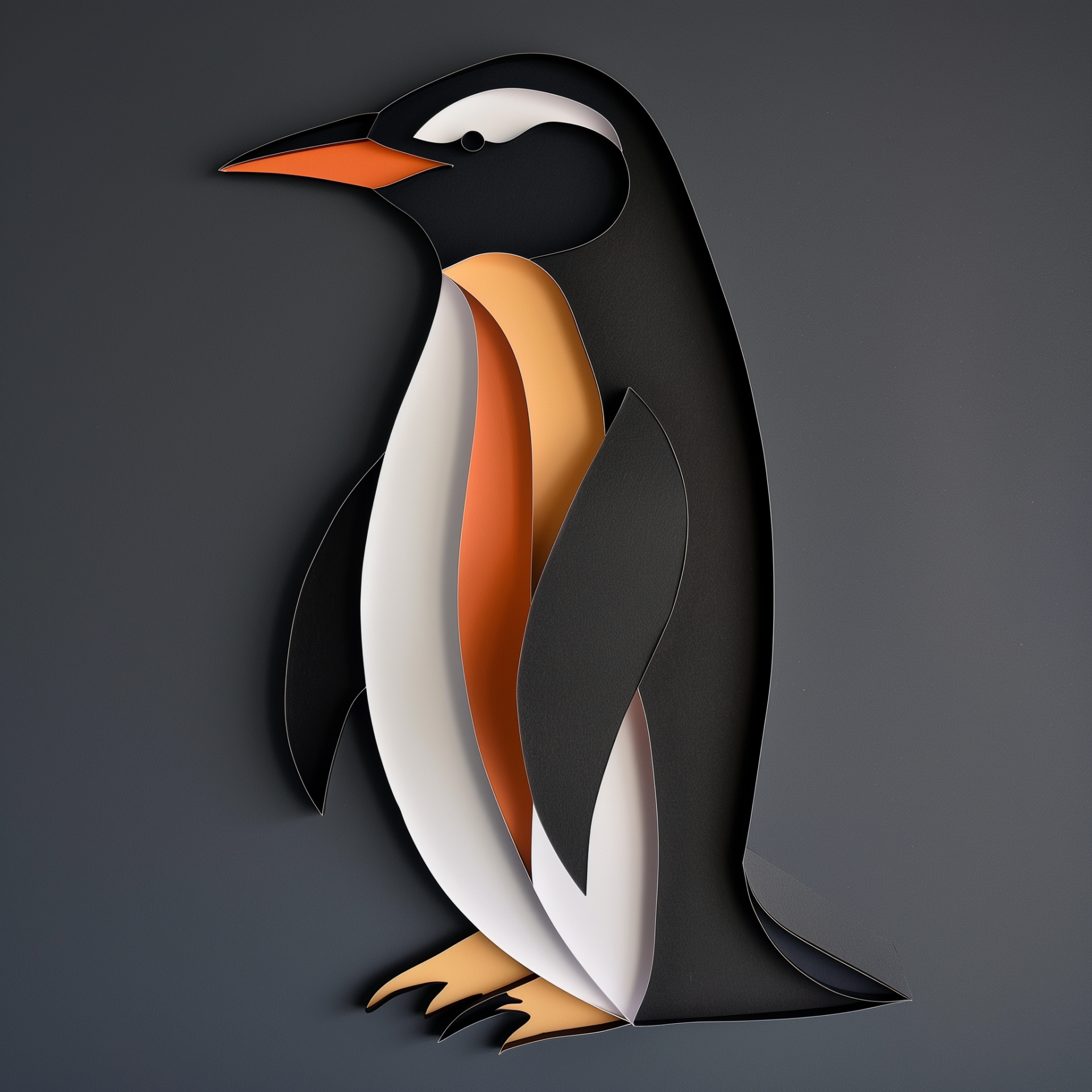 Profile photo of a stylized penguin with smooth, layered designs in black, white, and orange, set against a dark background.