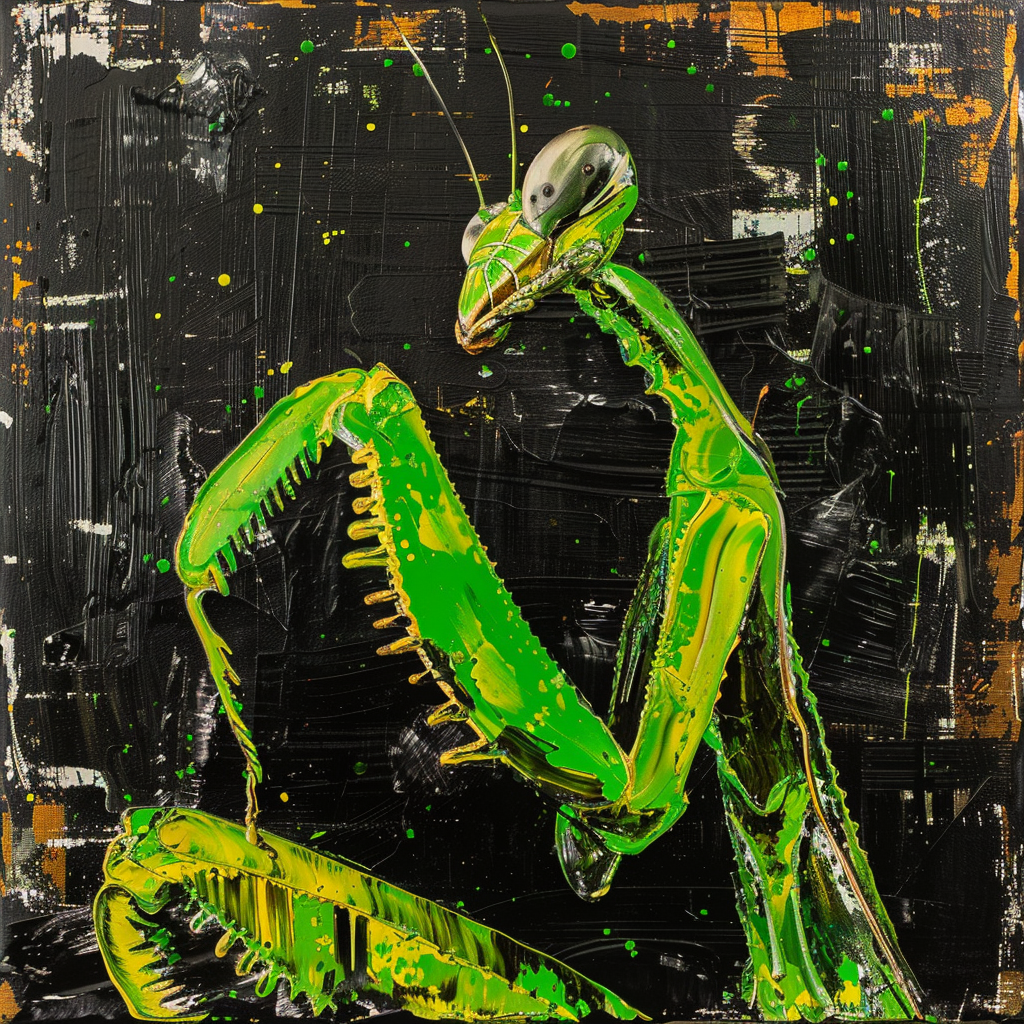 Avatar of a stylized green praying mantis against a textured black background, used as a forum profile picture.