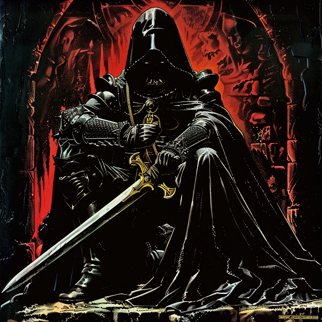 Forum avatar of a dark knight seated on a throne, clad in black armor, holding a sword, with a red and black gothic background.