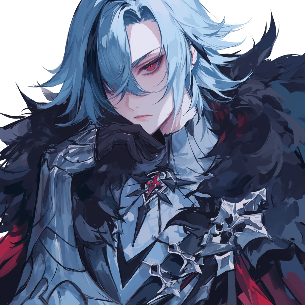 Avatar illustration of Arlecchino from Genshin Impact, featuring a character with striking blue hair and dark, intricate armor.