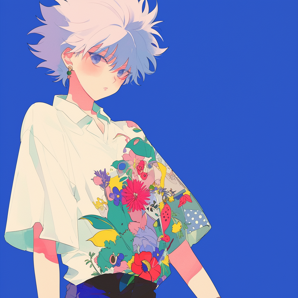 Anime-style avatar of Killua Zoldyck from Hunter x Hunter, featuring him in a floral shirt against a blue background.