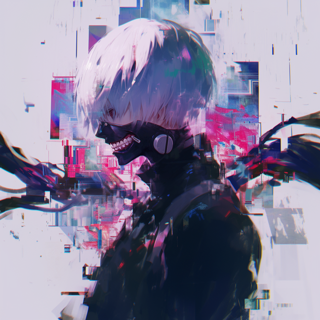 Anime avatar featuring Ken Kaneki from Tokyo Ghoul with a digital glitch effect.