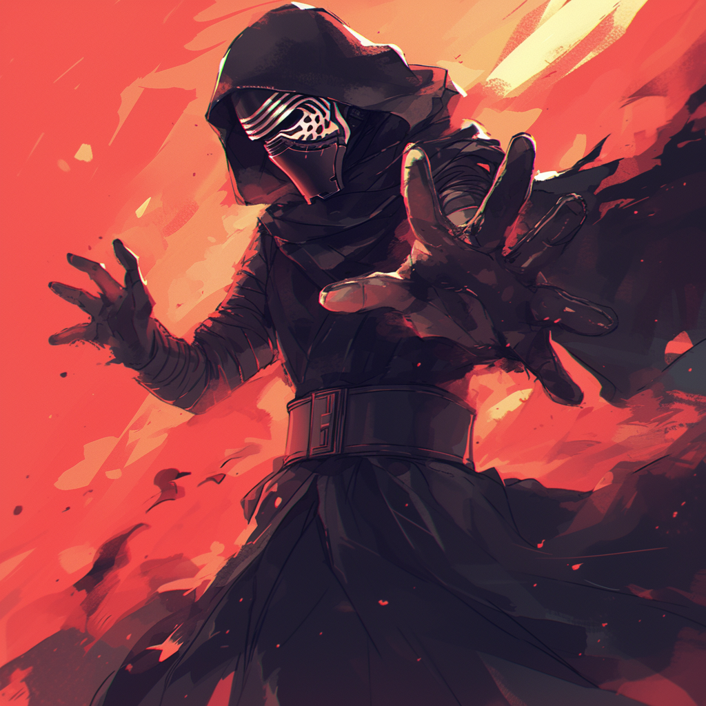 Anime-style rendition of Kylo Ren from Star Wars, shrouded in a dark robe with an intense red and orange background, used as a forum avatar/profile photo.