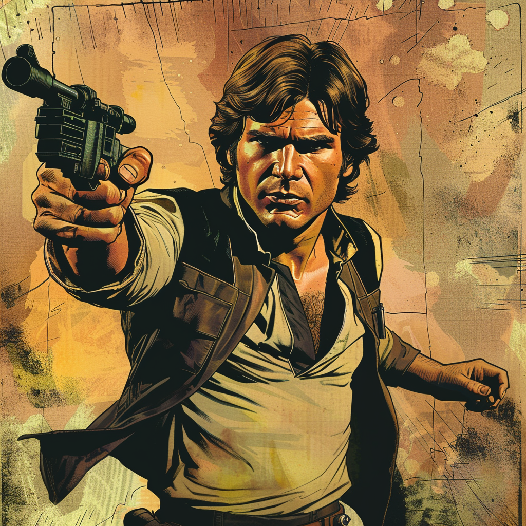 A forum avatar depicting Han Solo from Star Wars wielding a blaster with a determined expression against a textured background.
