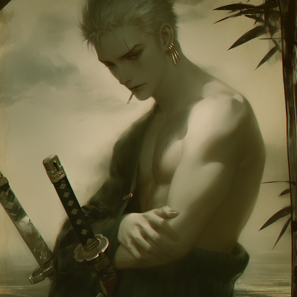 Anime-style avatar featuring Roronoa Zoro from One Piece, showcasing his muscular build and trademark swords against a subdued background.