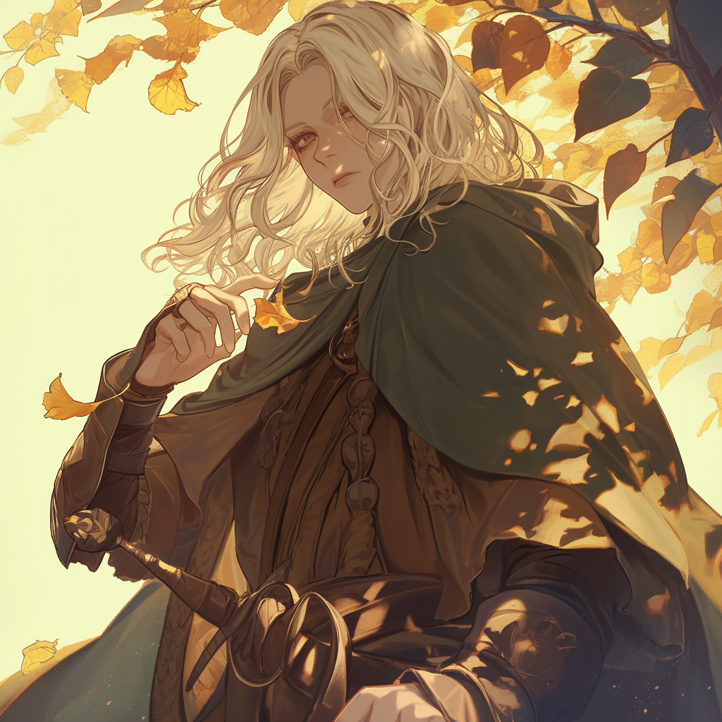 An avatar profile picture featuring Melina from the video game Elden Ring, depicted with long, flowing blonde hair and dressed in a green cloak, surrounded by fall foliage.