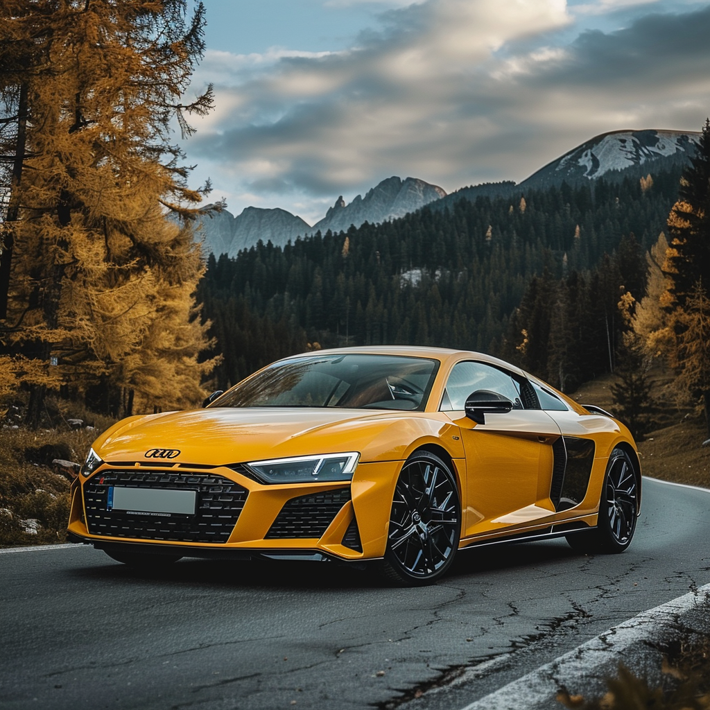 A forum avatar featuring a sleek yellow Audi R8 parked on a scenic mountain road, surrounded by autumn foliage and distant peaks.