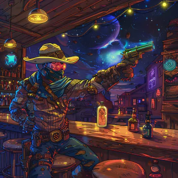 Avatar of a stylized sheriff shooting a gun inside a vibrant saloon under a starry night sky.