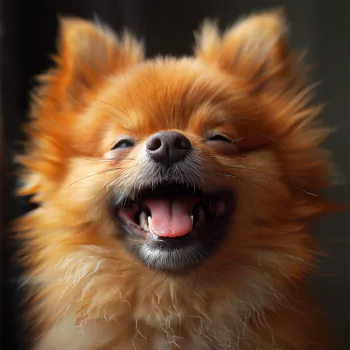 Smiling Pomeranian avatar showing a happy and fluffy orange dog's face for a profile picture.