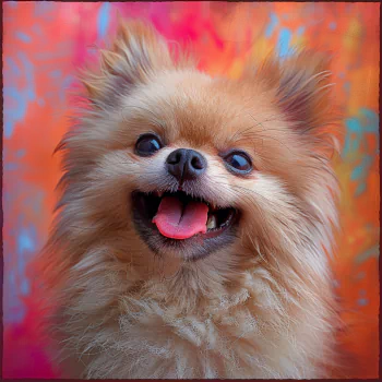 Smiling Pomeranian dog avatar with a colorful background for profile picture use.