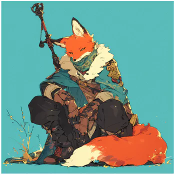 Anime-style avatar featuring a red fox character dressed in adventurous attire, wielding a staff, sitting against a soft blue background.