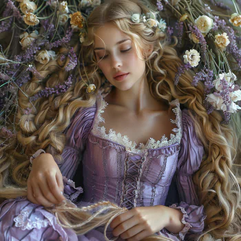 A serene profile photo featuring a young woman in a purple dress, surrounded by delicate flowers and flowing hair, creating a dreamy and ethereal atmosphere.