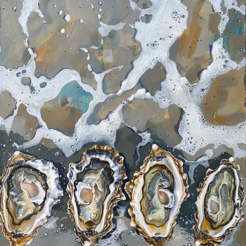 Profile photo of four oysters on a sandy shore with sea foam surrounding them, depicting a serene coastal scene.
