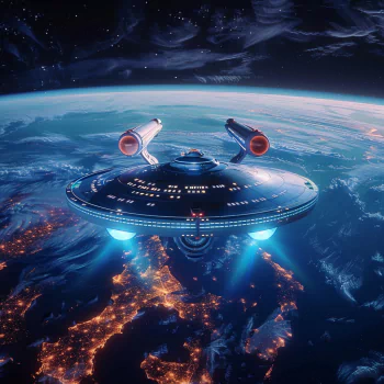 Profile photo of the USS Enterprise orbiting Earth, with glowing cities visible beneath a vibrant blue atmosphere.