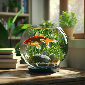 Avatar of a serene fish bowl with a vibrant orange fish, surrounded by lush aquatic plants basking in natural sunlight.