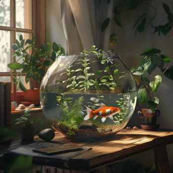 Cozy avatar image of a fishbowl with a goldfish, surrounded by plants and bathed in warm sunlight beside a window.