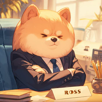 Alt Text: Illustration of an anthropomorphic Pomeranian dog avatar named Ross, dressed in a business suit and sitting at an office desk.