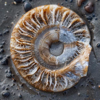 Close-up of a detailed ammonite fossil avatar showcasing the spiraled chambers, set against a dark background with subtle water droplets.