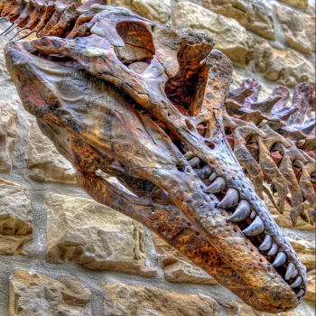 Close-up of a dinosaur fossil skull for an avatar image, showcasing intricate details against a stone background.