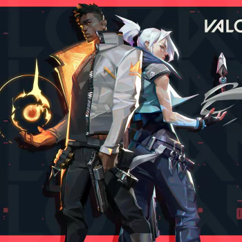 Valorant game characters Phoenix and Jett avatar with fiery orb and daggers on red background.
