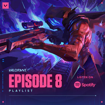 Valorant Episode 8 promotional avatar featuring the character Omen holding a phantom rifle, with a vibrant purple and blue background and a Spotify playlist promotion.