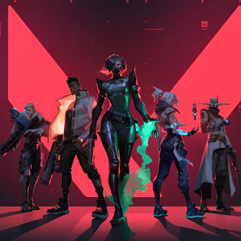 Valorant game characters lineup avatar featuring dynamic poses on a red geometric background.