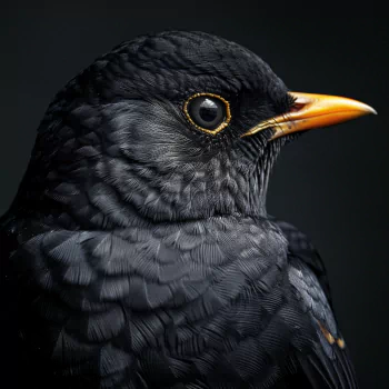 Close-up profile of a blackbird with a sharp orange beak, against a dark background, used as a striking avatar image.