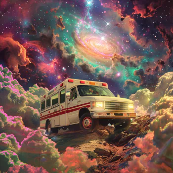 Ambulance vehicle in a surreal cosmic landscape with vibrant galaxy and nebulae for a profile picture/avatar.